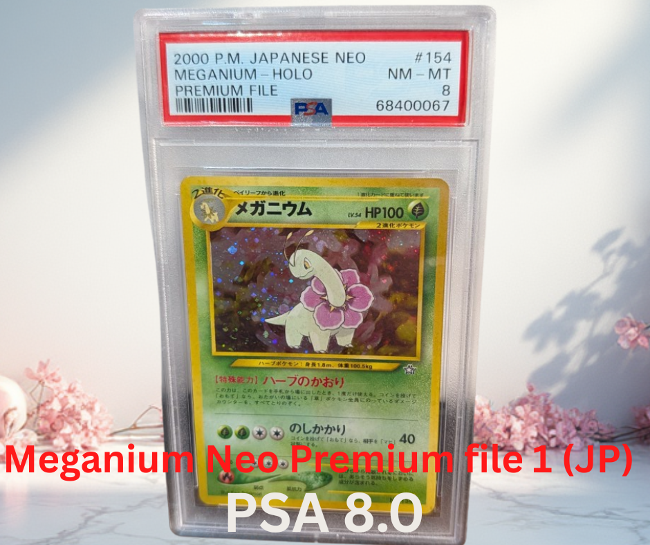 Pokemon Meganium Neo Premium file 1 (JP) Unnumbered Promos (1999) PSA 8
